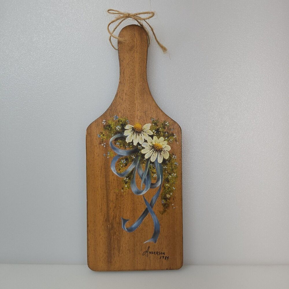 VTG Hand-Painted Daisies & Blue Ribbon Wooden Wall Decoration 11" Cottagecore